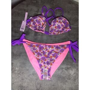 Set Bikini Floral Purple Pink Reversible Side Top X (14) Botton 1X (17-18)